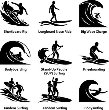 Informative set of surfing icons labeled with names like shortboard rip longboard nose ride and bodyboarding showing people practicing water sports in ocean.