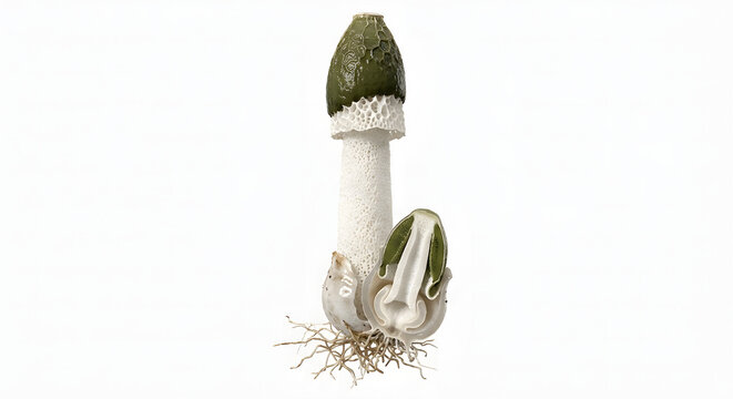 Scientific 3D Render of Common Stinkhorn Fungus (Phallus impudicus) Anatomy and Cross-Section on White Background