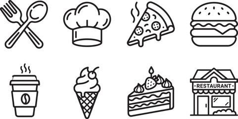 Line art of food icons including pizza, burger, coffee, and cake. Simple black outlines of popular fast food and beverages for restaurant or cafe b... © JOBAER GRAPHIC