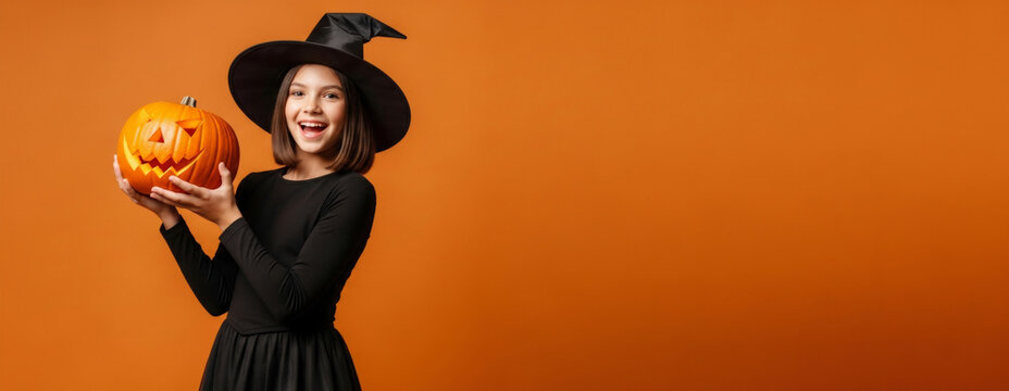 Girl in witch costume holding carved pumpkin. Happy child celebrating Halloween. Smiling kid wearing black hat and dress with jack o lantern on orange background. Festivity and autumn party.