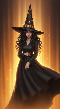 Young woman sorceress wearing tall magic hat with glowing runic symbols. Mysterious witch with long wavy hair in black dress standing in bright golden light. Fantasy magic performance.