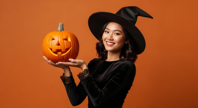 Asian woman wearing witch hat holding carved pumpkin for Halloween celebration. Happy young girl in costume posing with jack-o-lantern on orange background. Festivity and autumn holiday.