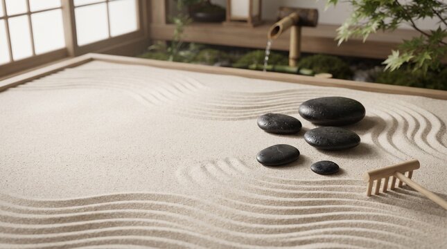 Serene Japanese rock garden with raked sand and stones near a wooden