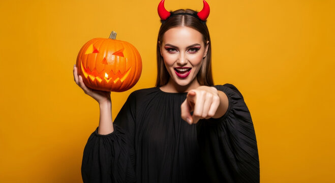 Woman wearing red devil horn pointing finger while holding carved glowing jack-o-lantern. Caucasian lady in black costume celebrating Halloween. Festive party mood and horror concept.
