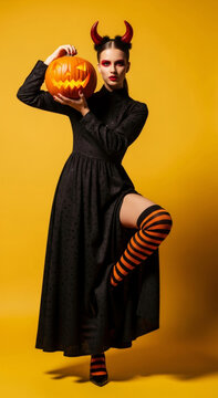 Woman posing as devil with glowing jack-o-lantern for Halloween. Girl wearing costume with horns and striped stockings on orange background. Festive celebration and holiday party concept.