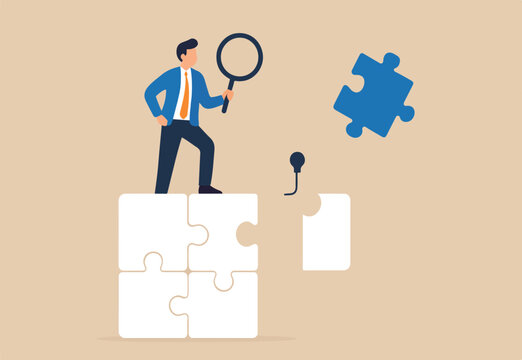 Finding solution or search for last missing piece to finish or complete work, leadership mission or business difficulty concept, businessman standing on uncompleted jigsaw looking for missing piece