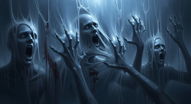 Screaming man trapped in sticky web. Supernatural horror concept with ghostly figures struggling in glowing cobweb. Dark art for fantasy, Halloween, and nightmare theme illustration.