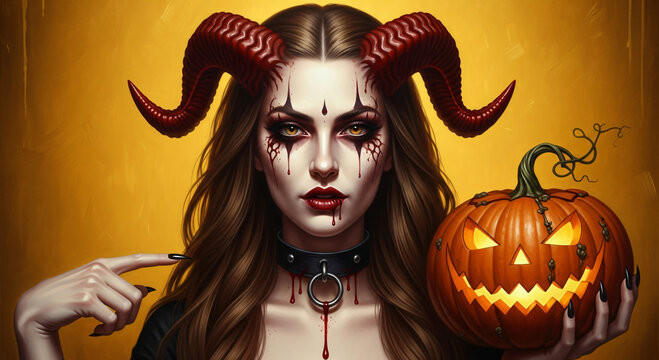 Woman dressed as a demon with horns holding a carved pumpkin for Halloween. Portrait of a girl with scary makeup and evil expression. Holiday celebration costume and mystical theme.