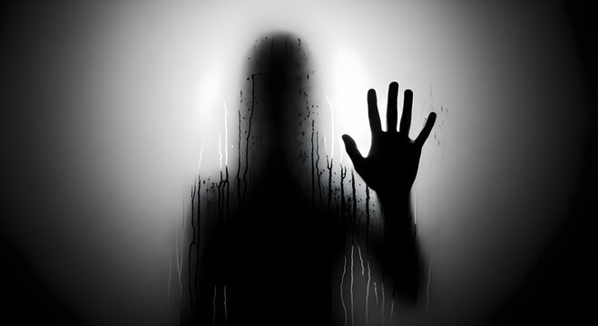 Silhouetted woman behind a wet glass pane. Mysterious figure touching window in the dark. Horror theme, emotional distress, fear and isolation concept. Psychological thriller mood study.