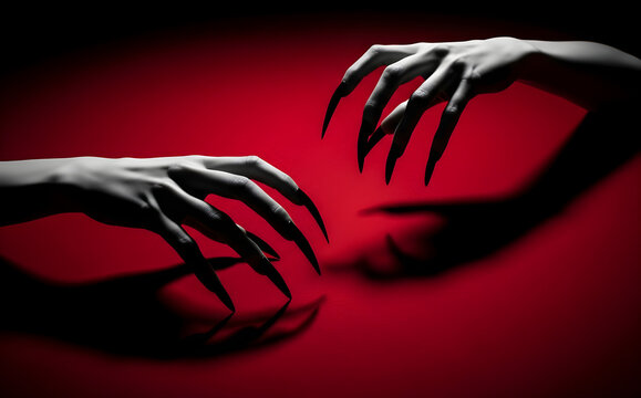 Woman hands with long claw like fingernails on red background. Evil monster or witch character gesture. Horror and gothic mood concept for Halloween celebration and dark fantasy art.