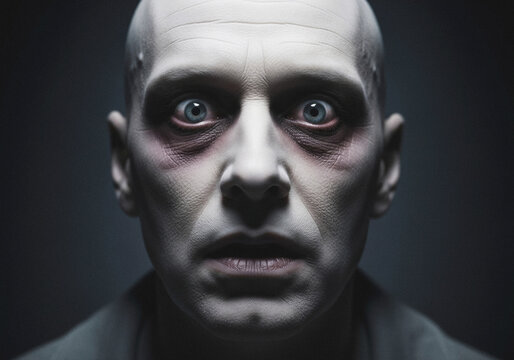 Man with scary makeup portrait. Pale gothic character with wide eyes looking at camera. Horror movie villain concept for Halloween festival celebration. Dramatic studio lighting.