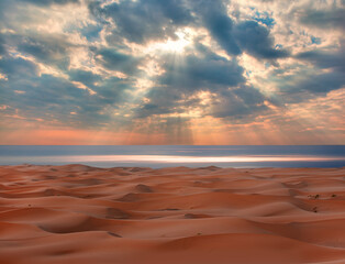 Obraz premium Namib desert with Atlantic ocean meets near Skeleton coast at sunset - Namibia, South Africa