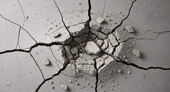 A top-down zenithal view of a shattered concrete floor slab featuring rough textures, deep cracks, and scattered debris in neutral gray tones, solid, surface, overhead