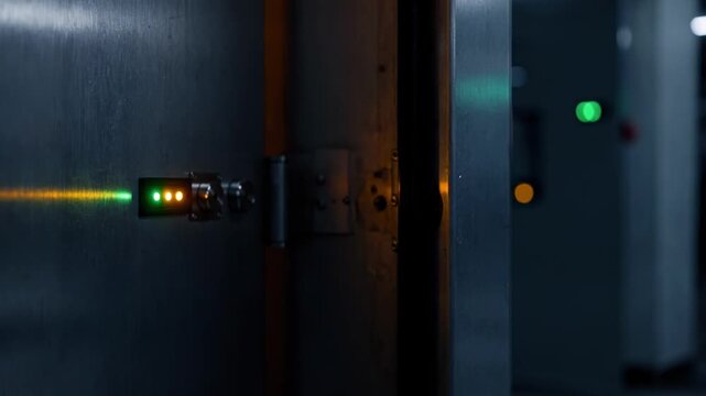 Medium shot of a secure night deposit vault with glowing sensor status lights in sharp focus against blurred background emphasizing realtime IoT monitoring.