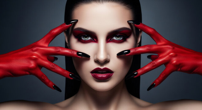 Woman with devil makeup and painted red hands with black long fingernails. Creative portrait for Halloween. Gothic beauty look with dark art style, dramatic fashion and mysterious mood.