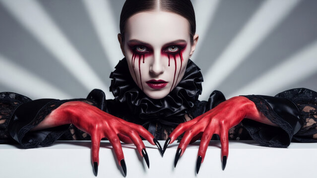 Woman wearing gothic vampire makeup with fake blood and black nails. Portrait of girl in dark outfit for horror photoshoot. Creepy character style for Halloween celebration concept.