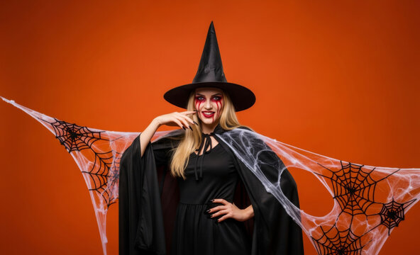 Woman wearing witch costume with spiderweb background. Smiling girl dressed as witch for Halloween celebration. Scary makeup and black hat for holiday party and carnival costume concept.