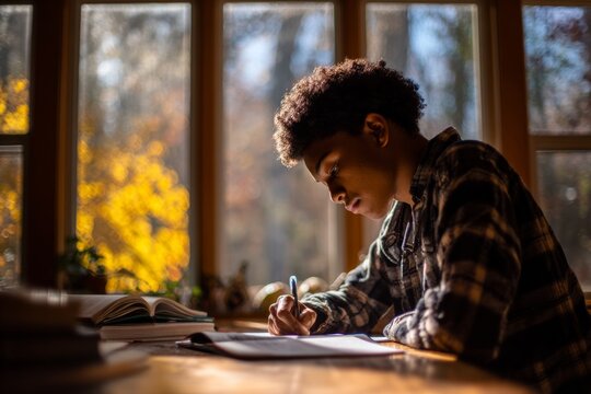 back to school - a focused student sitting at a desk writing in a notebook. Sunlight coming through the windows, fall decor or hints of seasonal change in background.