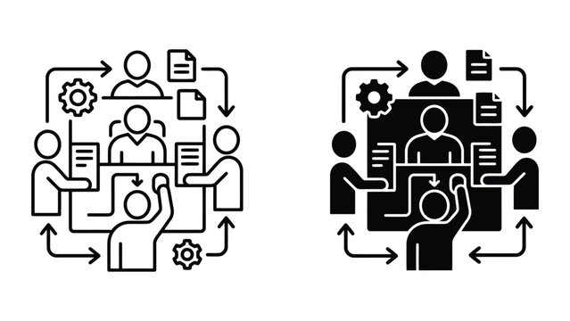 Workflow management and collaborative document review process icon set