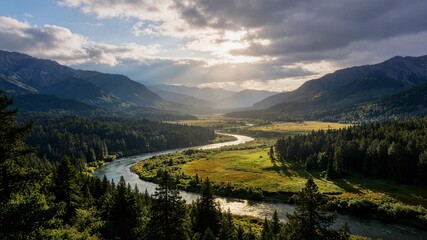 Magnificent mountain valley with winding river under dramatic sunlight ideal for travel advertising nature background and tourism marketing © LI