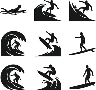 Set of surfing and bodyboarding icons isolated on transparent background, showcasing various wave riding positions and styles on the water.