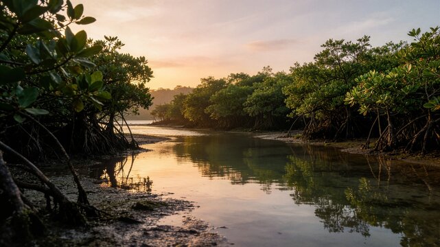 Scenic mangrove forest at sunset reflecting in calm river water ideal for environmental conservation travel website and banner design