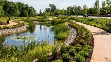 Modern eco friendly park with winding stone path and retention pond ideal for urban planning landscape architecture and sustainability marketing © LI