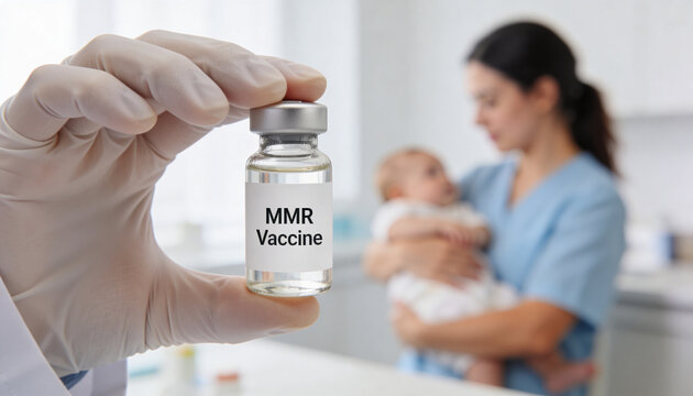 Nurse holding MMR vaccine vial for child immunization. Doctor preparing injection for baby patient. Healthcare professional in medical clinic. Preventative medicine and viral protection.