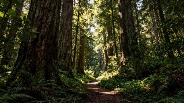Sunlight shining through giant redwood forest path ideal for hiking adventure concepts environmental branding and national park tourism advertising
