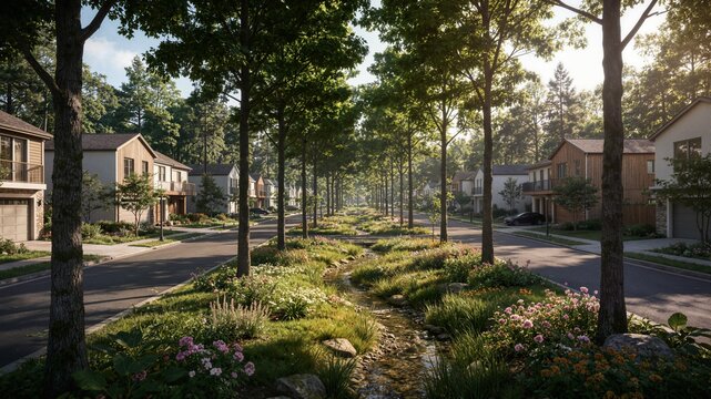 Suburban residential neighborhood street with green bioswale stream ideal for sustainable real estate marketing ecosystem property development and banner