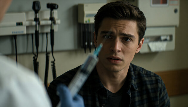 Concerned man looks at syringe held by doctor in hospital room. Patient feeling anxiety before medical injection. Healthcare consultation, procedure and medical treatment concept.