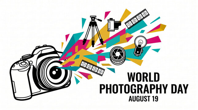 World photography day celebration with colorful camera icons and equipment