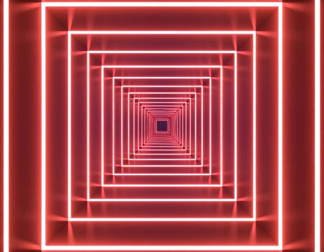Red neon squares recede into darkness, creating a futuristic tunnel effect
