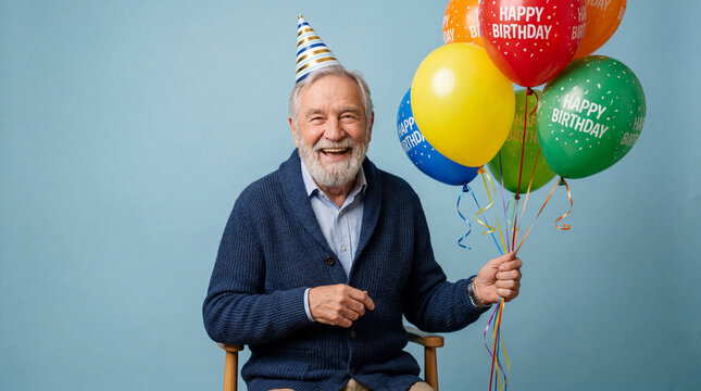 Senior man wearing party hat and holding colorful balloons for celebration. Caucasian grandfather laughing during birthday party. Joyful retiree enjoying festive event and aging lifestyle.