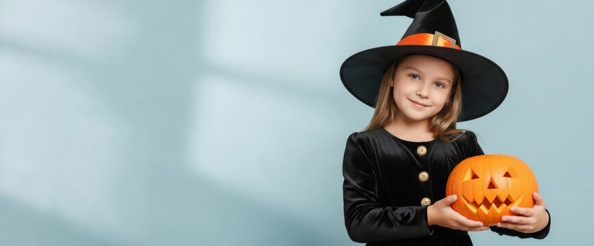 Little girl child dressed as witch holding carved pumpkin lantern. Smiling kid in festive costume celebrating Halloween. Magical party outfit for children autumn holiday celebration.