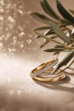 Elegant ring advertisement, featuring two simple gold rings with lab grown diamonds. A delicate olive branch hangs from below, mediterranean style.