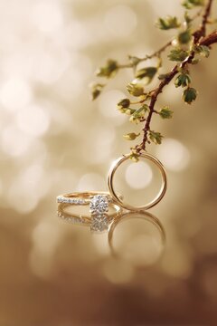 Elegant ring advertisement, featuring two simple gold rings with sparkling diamonds. A delicate gooseberry branch hangs from below, adding to its elegance. 