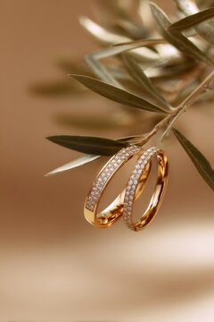 Elegant ring advertisement, featuring two simple gold rings with lab grown diamonds. A delicate olive branch hangs from below, mediterranean style.