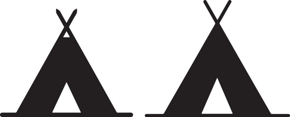 Two black teepee icons side by side on white background with simple outline representing camping and adventure concept vector illustration © RenderEdge