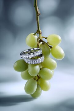 two white gold rings with lab grown diamonds. A small grape vine hangs from below, adding to its elegance. wedding rings of platinum or white gold metal