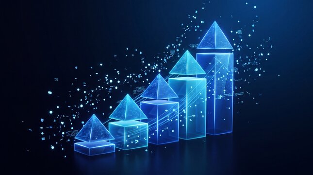 Abstract 3d digital bar chart with rising pyramid peaks
