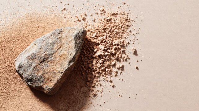mineral matte powder cosmetics, elegant rock of uneven shape lying on neutral background, beige powder color palette, empty with lots of copy space 