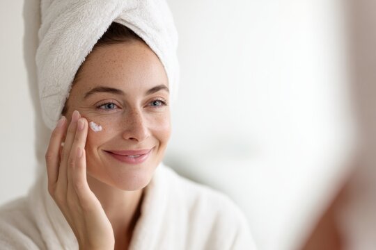 Love yourself - woman applying a skincare cream on a her skin while looking into a mirror, smiling softly, self love. Clean white or beige bathroom, real skin texture visible, minimalist environment. 