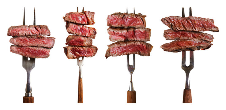 PNG Juicy steak slices on forks on transparent background