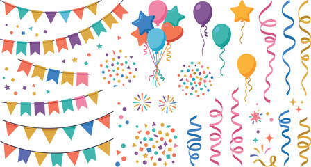 Colorful birthday party decoration vector element set with bunting flags balloons confetti and streamers for celebration greeting card and invitation design © AdhinChandra