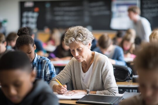 back to school. senior students working quietly at their desks or in study group, writing in notebooks, using tablets or laptops. classroom atmosphere, with teachers assisting in the background. 