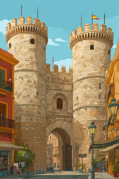 towers - Torres de Quart in old town Valencia, Spain, cartoon style. Tourist postcard digital illustration  
