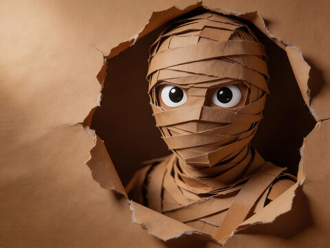 Cardboard mummy figure emerging from hole