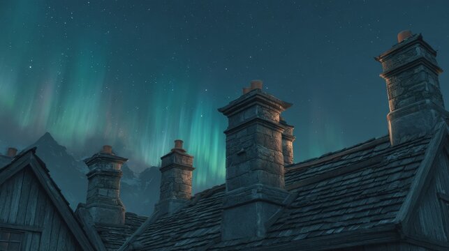 Stone chimneys and rooftops frame the vibrant aurora borealis dancing across the night sky, mountains silhouetted in the distance