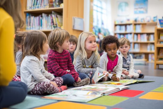 back to school: children sitting on colorful rug in reading corner library, flipping through picture books together. Teacher or librarian nearby, bookshelves, warm and inviting classroom environment. 